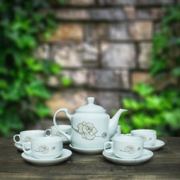 Bộ ấm chén sứ cao cấp Bát Tràng CK quai cong hoa vàng (Trắng) Bộ ấm chén sứ cao cấp Bát Tràng CK quai cong hoa vàng (Trắng)