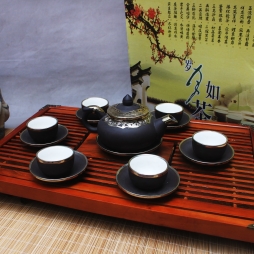 Bộ ấm chén tử sa chóp chỉ bạc bọc đồng S2