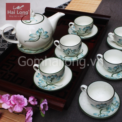 Bộ ấm chén chóp lửa chỉ xanh vẽ sen xanh