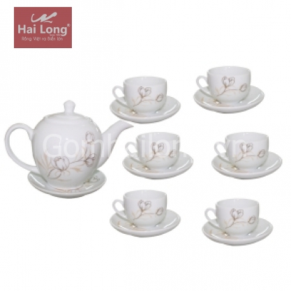 Ấm chén sứ Minh Long hoa vàng kim kẻ chỉ 700ml (Trắng)