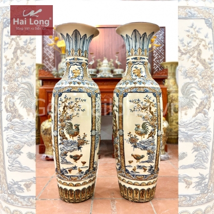 Lộc bình 1m6 tứ cảnh Tùng - Cúc - Trúc - Mai đắp nổi men trắng tràm
