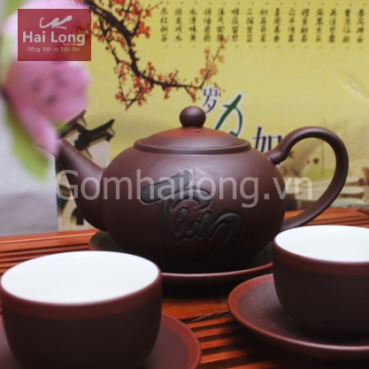 Bộ ấm chén tử sa chóp thư pháp chữ Tâm 