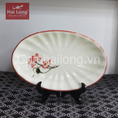 Đĩa xoài gân bằng sứ Sen chỉ hồng vẽ tay (Kem)