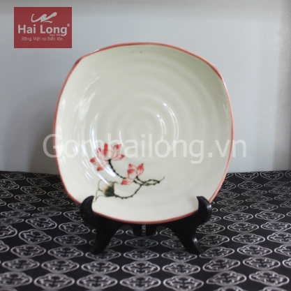 Đĩa ảo sứ vẽ tay Sen chỉ hồng cỡ S2 (Kem)