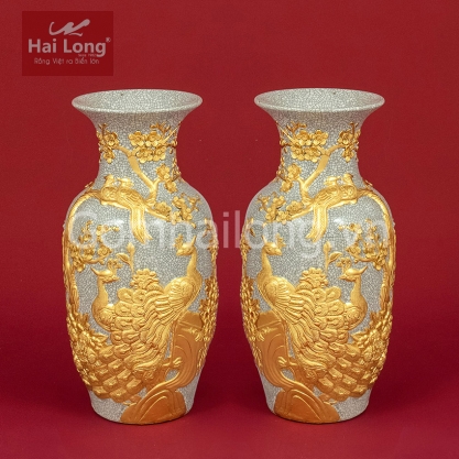 Tiểu Lộc Bình Công Đào men Rạn Gạo Nếp dát vàng H27